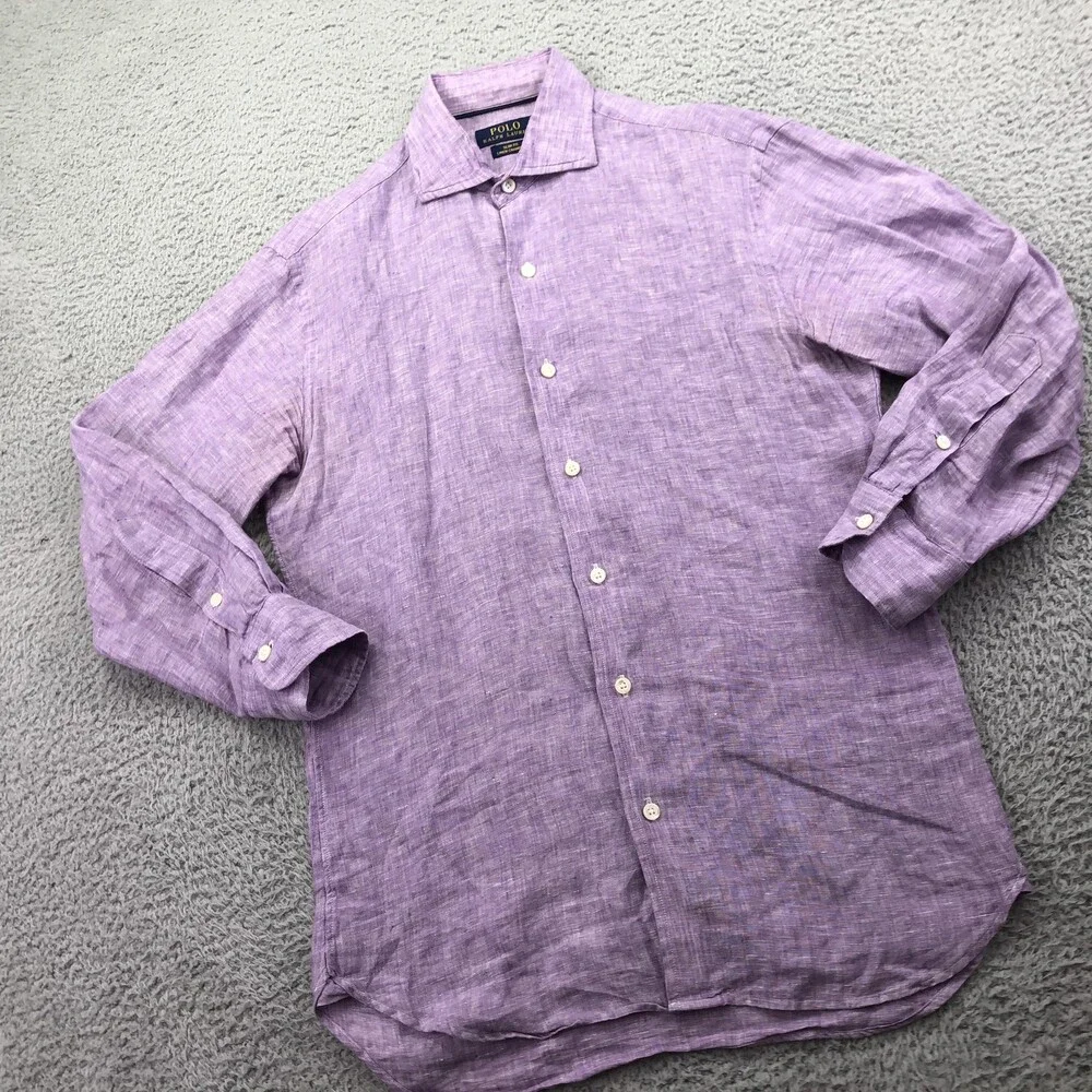 Polo Ralph Lauren Shirt Mens Small Purple Linen Long Sleeve Button Up Slim Fit